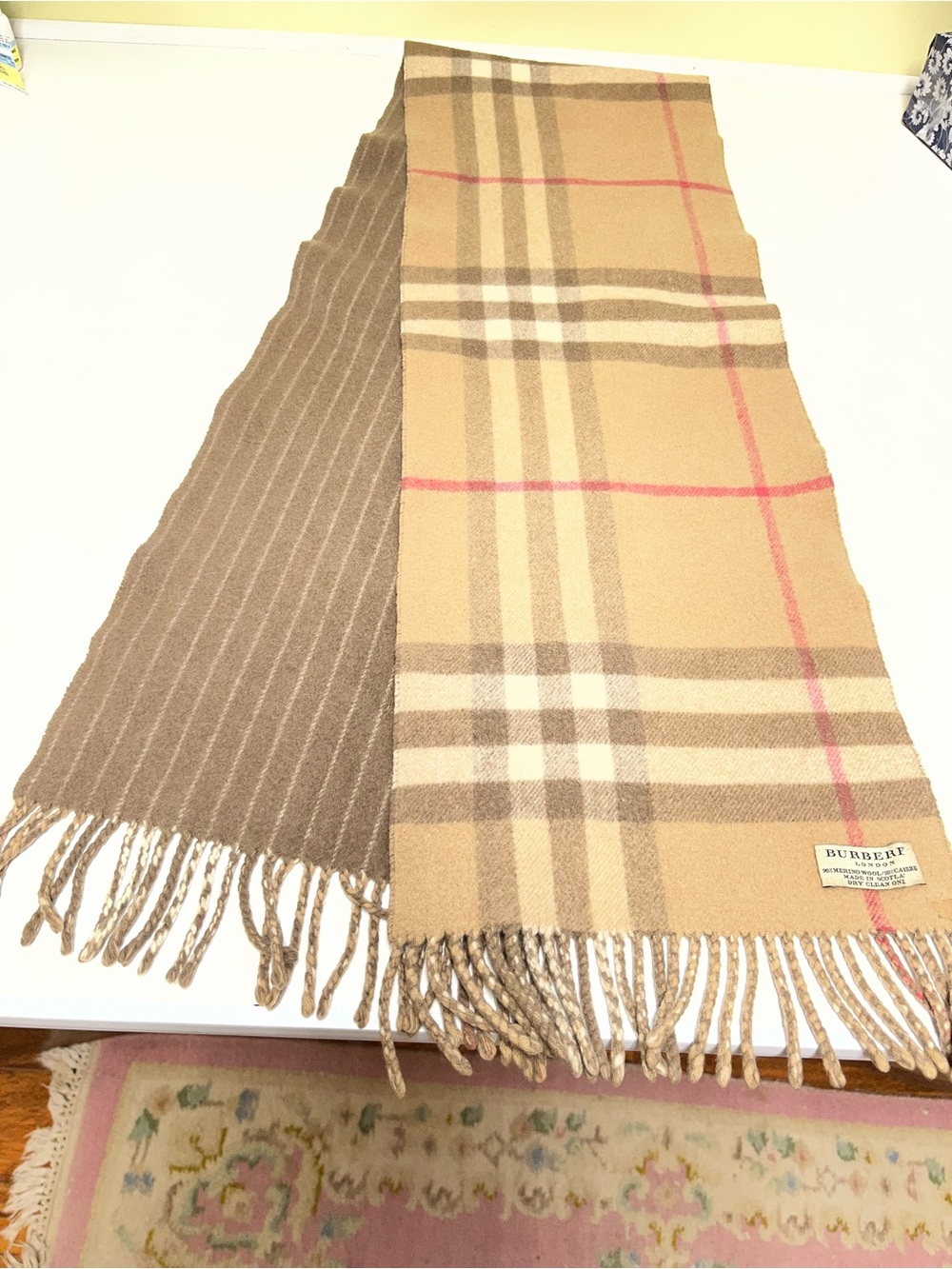 Vintage Burberry London Nova Check/Stripe Merino Wool/Cashmere Reversible Scarf